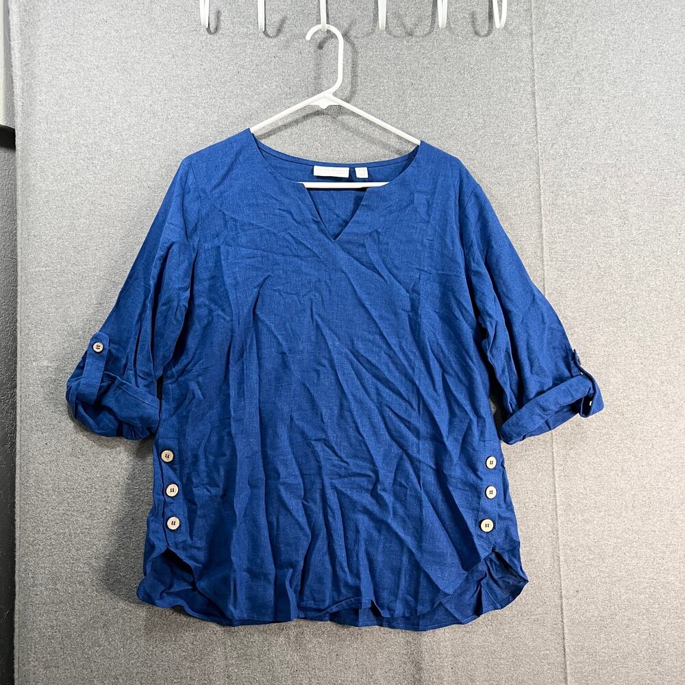 Susan Graver Pure Linen Blend Split-Neck Tunic w/Buttons River Blue Size SP